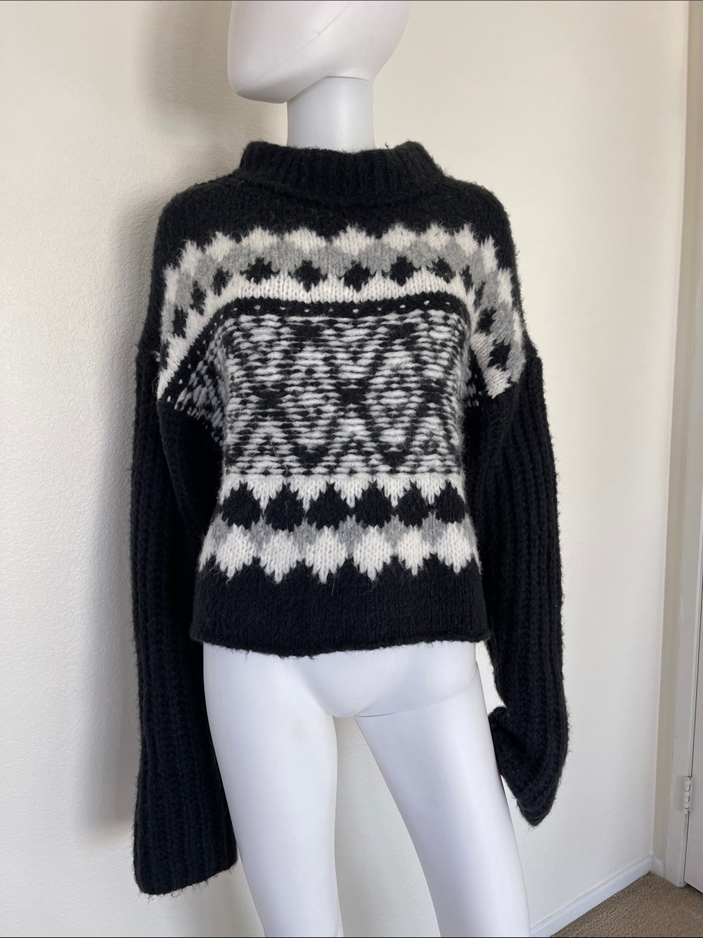 Free People Black & White Fair Isle Crewneck Sweater